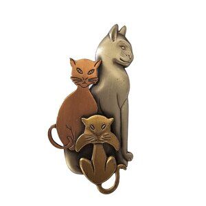 K&T Vintage Cat Trio Brooch Metal Copper Pewter Bronze Tone Brooch